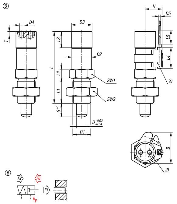 Spina di posizione pneumatica in acciaio inox, forma B, a semplice effetto, retrazione pneumatica