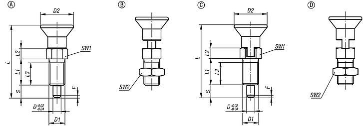 Spine di posizione in acciaio o acciaio inox con impugnatura a fungo in plastica e perno di bloccaggio allungato