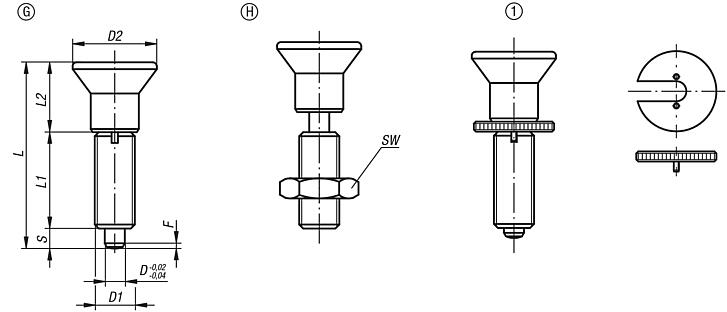 Spine di posizione in acciaio o acciaio inox senza collare con impugnatura a fungo in plastica e perno di bloccaggio allungato - inch