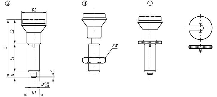 Indexing plungers, steel or stainless steel without collar, with plastic mushroom grip and cap