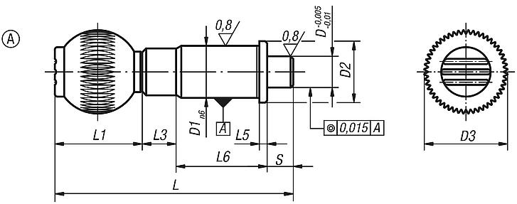 Precision indexing plungers, steel with plastic spherical knob and cylindrical indexing pin