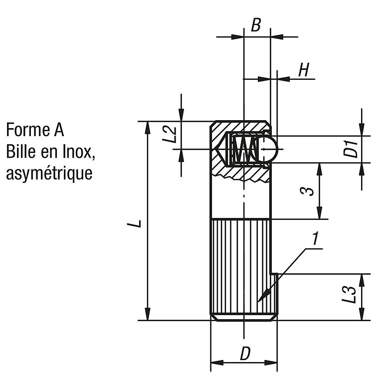 Poussoir latéral à bille, Forme A