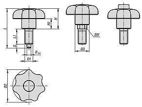 Indexing and clamping grips, steel with plastic star grip and optical lock indicator