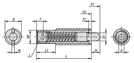 Spring plungers with hexagon socket and thrust pin, long version