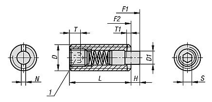 Spring plungers with hexagon socket and flattened thrust pin, stainless steel