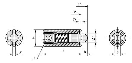 Spring plungers with hexagon socket and thrust pin, stainless steel