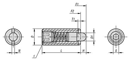 Posicionadores com mola sextavado interno e pino de pressão em POM (Poliacetal), aço inoxidável