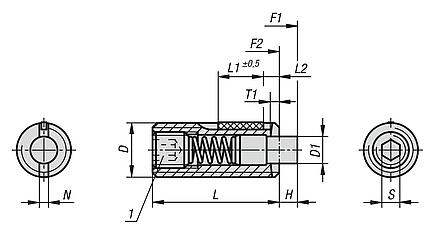 Spring plungers with hex socket and flat POM thrust pin, stainless steel, with thread lock