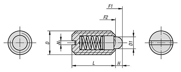 Spring plungers with slot and thrust pin, standard spring force