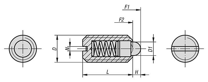 Spring plungers with slot and thrust pin, steel, inch