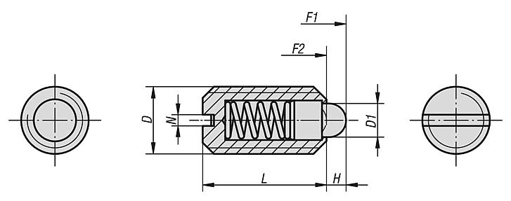 Spring plungers with slot and thrust pin, stainless steel, inch