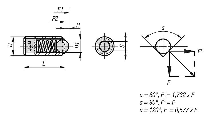 Spring plungers with hexagon socket and ball, steel, inch