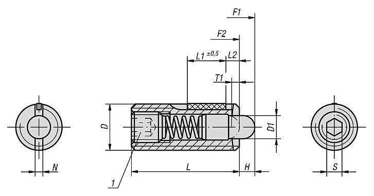 Spring plungers with hex socket and thrust pin, steel, standard spring force, with thread lock - inch