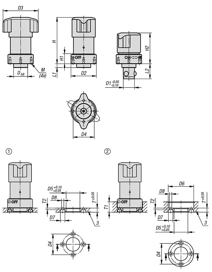 Ball lock pins, stainless steel, retractable, heavy-duty version with stainless steel twist knob