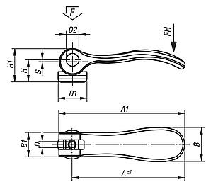 Cam levers, steel with internal thread, plastic thrust washer