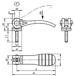 Leva eccentrica in plastica con filettatura esterna, rondella di pressione in plastica-metallo e vite prigioniera in acciaio o acciaio inox - inch