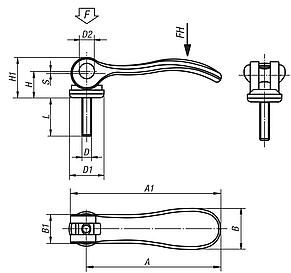 Leva eccentrica in alluminio con filettatura esterna, rondella di pressione in plastica-metallo e vite prigioniera in acciaio o acciaio inox - inch