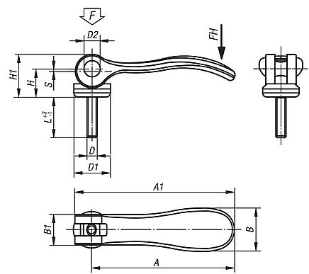 Cam levers, stainless steel with external thread, plastic thrust washer and stainless steel stud