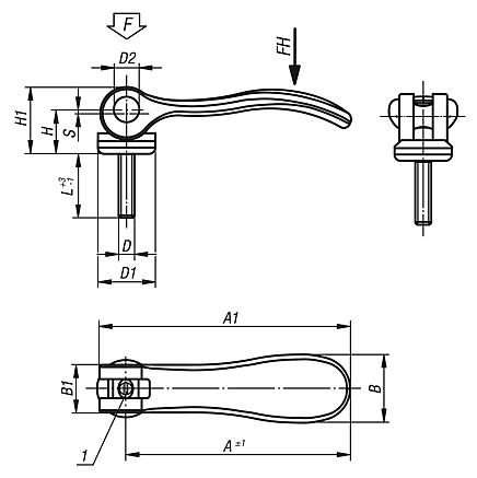 Cam levers, steel, adjustable with external thread, plastic thrust washer and steel stud