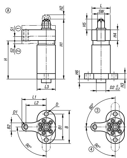 Ensemble de bridage pivotant modèle lourd, course de serrage prolongée, automatisable, forme A, avec bras de serrage
