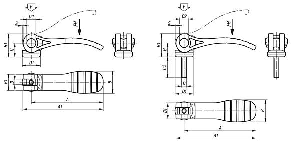Leva eccentrica in plastica con filettatura interna ed esterna, rondella di pressione in plastica-metallo e vite prigioniera in acciaio o acciaio inox - inch