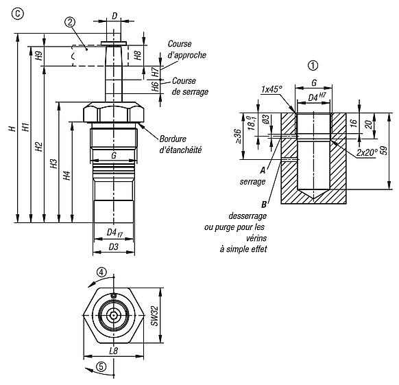 Vérin de bridage pivotant hydraulique compact à double / simple effet avec rappel par ressort