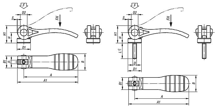Leve eccentriche in plastica con filettatura interna e esterna, rondella di pressione in plastica e vite prigioniera in acciaio o acciaio inox - inch