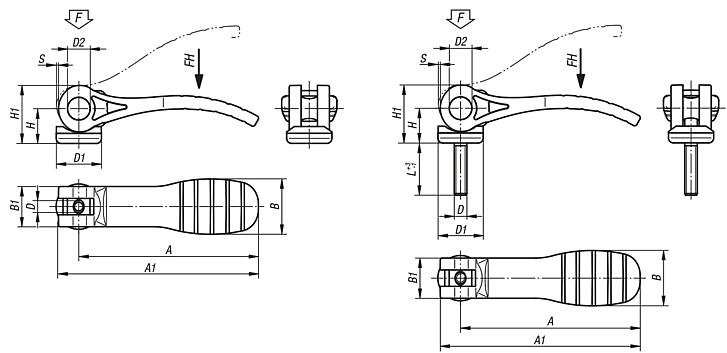 Leva eccentrica in plastica con filettatura interna ed esterna, rondella di pressione in plastica-metallo e vite prigioniera in acciaio o acciaio inox