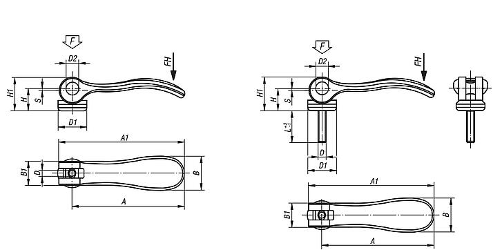 Cam levers, stainless steel with internal or external thread, plastic thrust washer and stainless steel stud