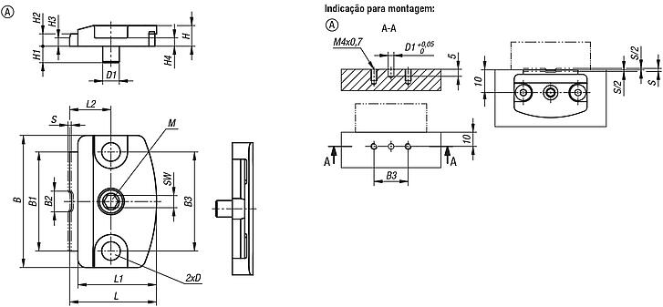 Grampo de fixação de peças planas com came, forma A, com pino de posicionamento