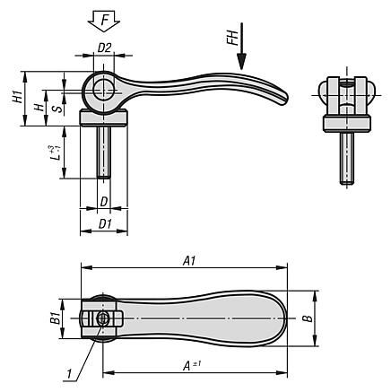 Cam levers, stainless steel, adjustable with external thread, plastic thrust washer and stainless steel stud - inch