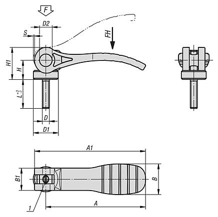 Cam levers, plastic, adjustable with external thread, plastic thrust washer and steel or stainless steel stud - inch