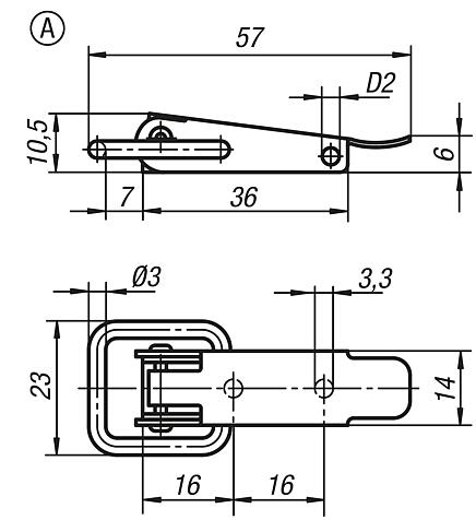 Grenouillères en acier ou en inox avec étrier de serrage jusqu’à 2 000 N, trous de fixation cachés, forme A