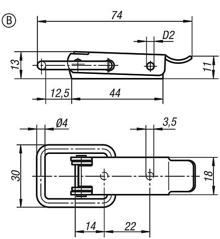 Grenouillères en acier ou en inox avec étrier de serrage jusqu’à 2 000 N, trous de fixation cachés, forme B