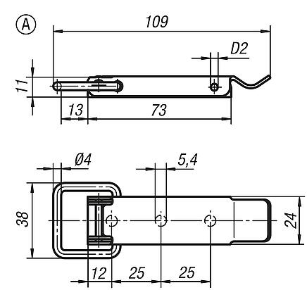 Grenouillères en acier ou en inox avec étrier de serrage jusqu’à 3 000 N, trous de fixation cachés, forme A