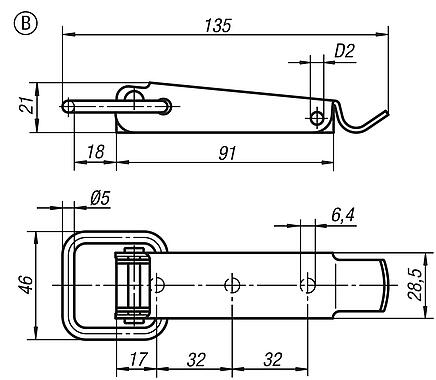 Grenouillères en acier ou en inox avec étrier de serrage jusqu’à 3 000 N, trous de fixation cachés, forme B