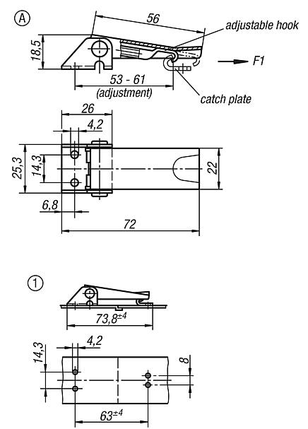 Latches, steel or stainless steel, with adjustable metal plate hooks for up to 1000N, fastening holes visible, short version, Form A, standard