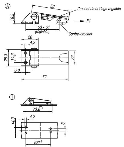 Grenouillères en acier ou en inox avec étrier en tôle jusqu’à 1 000 N, réglables, trous de fixation visibles, modèle court, forme A, standard