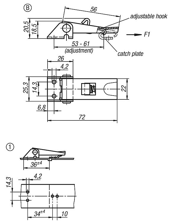 Latches, steel or stainless steel, with metal plate hooks for up to 1000N, fastening holes visible, short version, Form B, with lock
