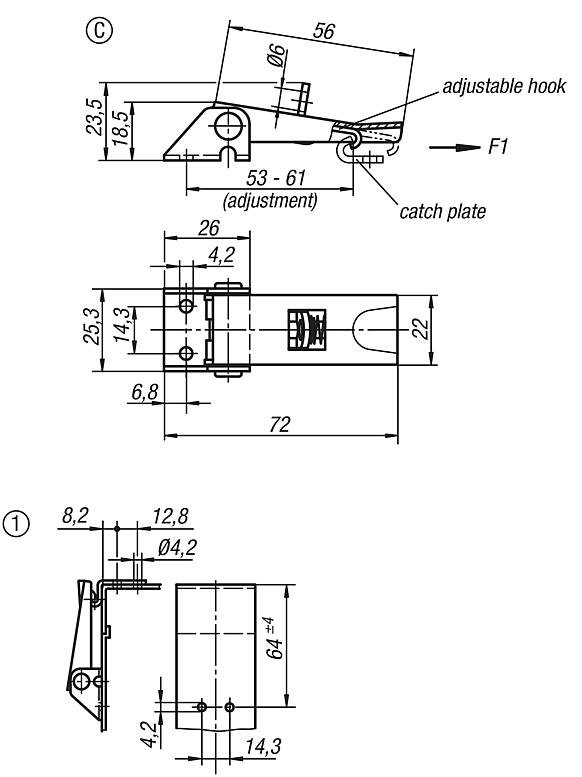 Latches, steel or stainless steel, with adjustable metal plate hooks for up to 1000N, fastening holes visible, short version, Form C, with padlock bracket