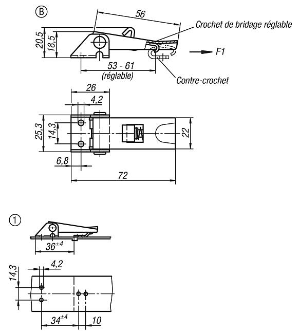 Grenouillères en acier ou en inox avec étrier en tôle jusqu’à 1 000 N, réglables, trous de fixation visibles, modèle court, forme B, avec blocage
