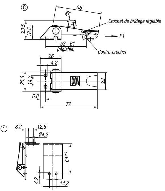 Grenouillères en acier ou en inox avec étrier en tôle jusqu’à 1 000 N, réglables, trous de fixation visibles, modèle court, forme C, avec œillet de serrure