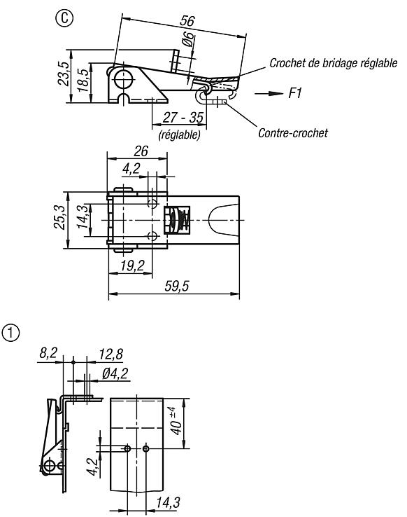 Grenouillères en acier ou en inox avec étrier en tôle jusqu’à 1 000 N, réglables, trous de fixation cachés, modèle court, forme C, avec œillet de serrure