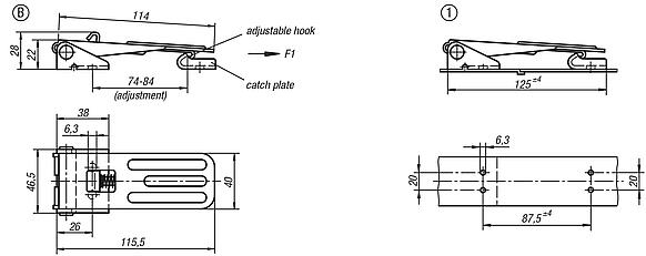 Latches, steel or stainless steel, with adjustable metal plate hooks for up to 4000N, fastening holes concealed, long version, Form B, with lock