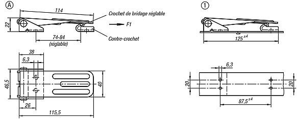 Grenouillères en acier ou en inox avec étrier en tôle jusqu’à 4 000 N, réglables, trous de fixation cachés, modèle long, forme A, standard