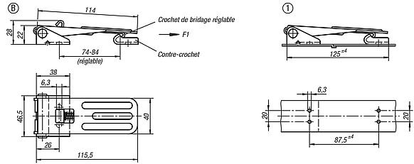 Grenouillères en acier ou en inox avec étrier en tôle jusqu’à 4 000 N, réglables, trous de fixation cachés, modèle long, forme B, avec blocage