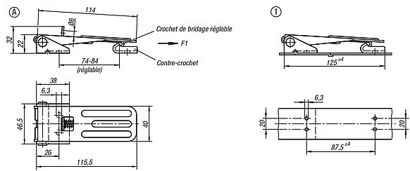 Grenouillères en acier ou en inox avec étrier en tôle jusqu’à 4 000 N, réglables, trous de fixation cachés, modèle long, forme C, avec œillet de serrure