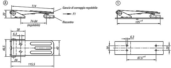 Chiusure a leva in acciaio o acciaio inox con staffa in lamiera, forza fino a 4000N, regolabili, fori di fissaggio nascosti, versione lunga, forma A, standard