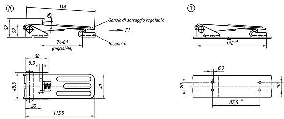 Chiusure a leva in acciaio o acciaio inox con staffa in lamiera, forza fino a 4000N, regolabili, fori di fissaggio nascosti, versione lunga, forma C, con anello per lucchetto