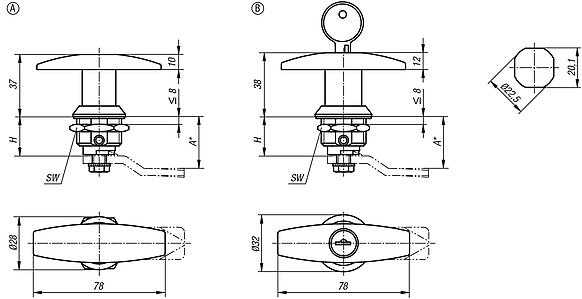 Quarter-turn locks stainless steel with T-grip